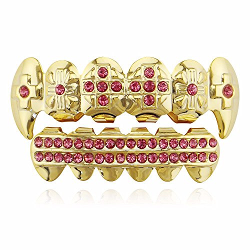 OOCC 18K Gold Plated Hip Hop Grillz CZ Top and Bottom Grills for Your Teeth with Red Diamond