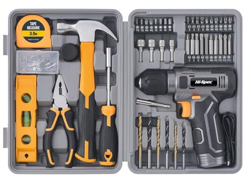 Image of Hi-Spec 8V Cordless Drill Set & Household Tool Kit - USB Rechargeable, Gray