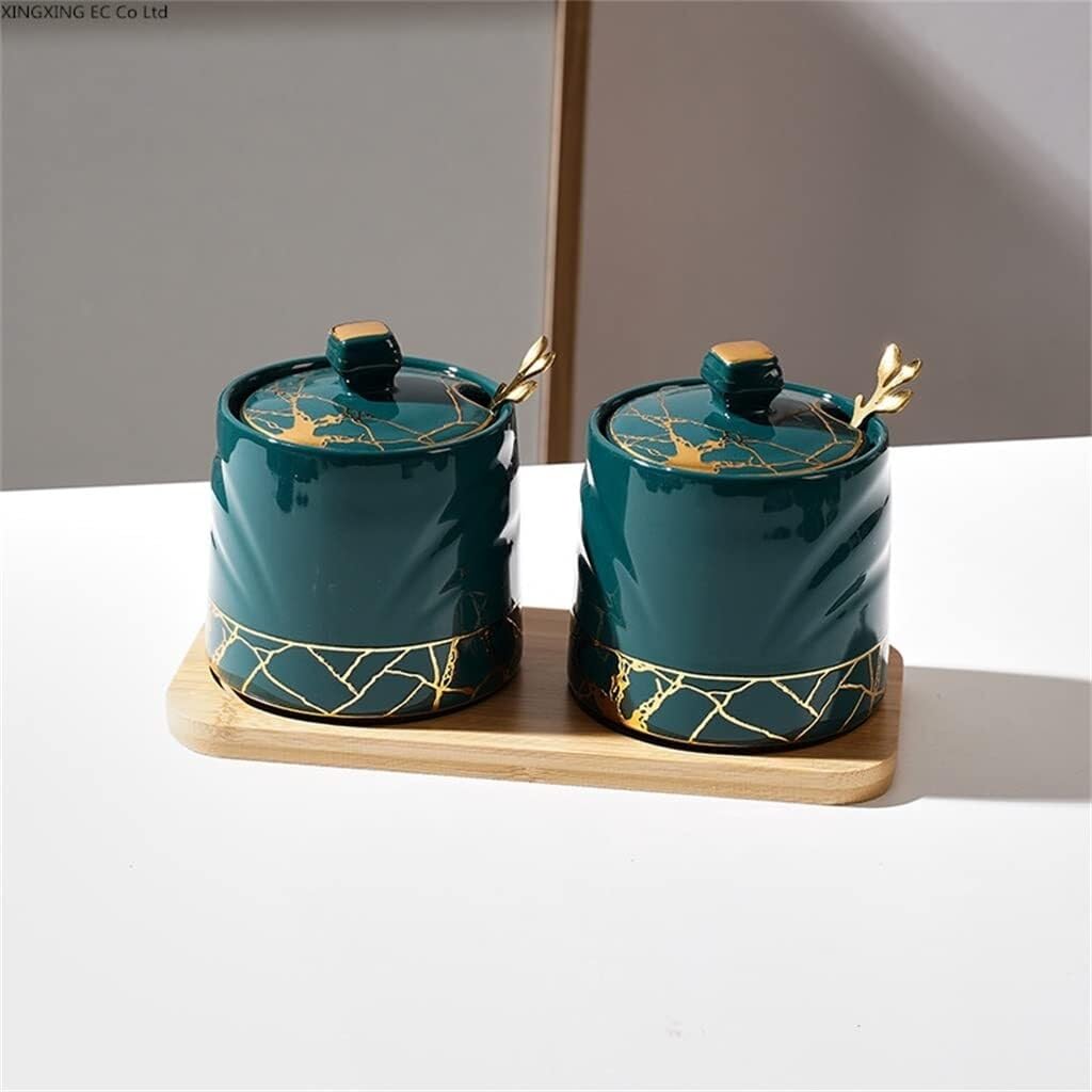 Ceramic Storage Jar with Lid for Seasoning – Salt & Pepper Shaker Kitchen Organizer Wooden Tray Stylish Spice Container Home Use and Supplies