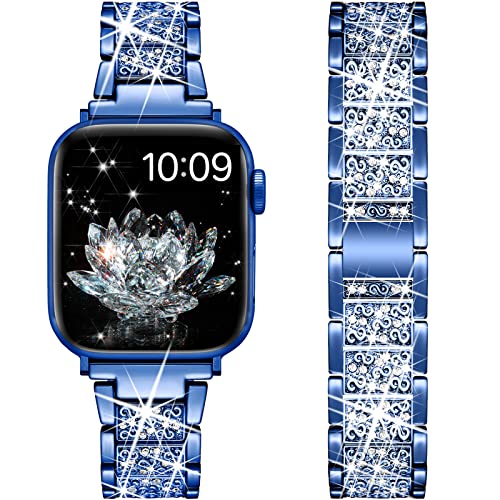 Ygtiecs Compatible with Apple Watch Band 38mm 40mm 41mm Women, Dressy Apple Watch Band Bling Diamond, Lightweight and Easy Adjustable Bracelet for iWatch Band Series SE 7 6 5 4 3 2 1 – Blue