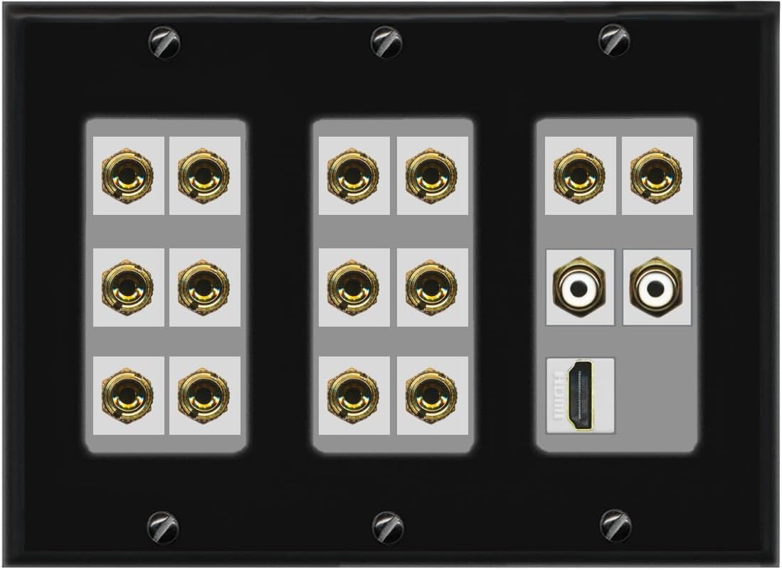 RiteAV 7.2 Surround Sound 7 Speaker 14 Banana Plug Jack Wall Plate w/ 2 RCA Subwoofer + 1 HDMI Female Connectors - 3 Gang [Black]