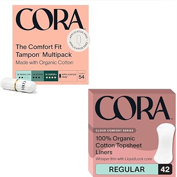 Cora Organic Period Essentials | 100% Organic Cotton Liners & Tampons | Ultra-Thin, Quick Absorbency | Hypoallergenic, Dermatologically Tested | Eco-Conscious | 42 Liners & 54 Tampons