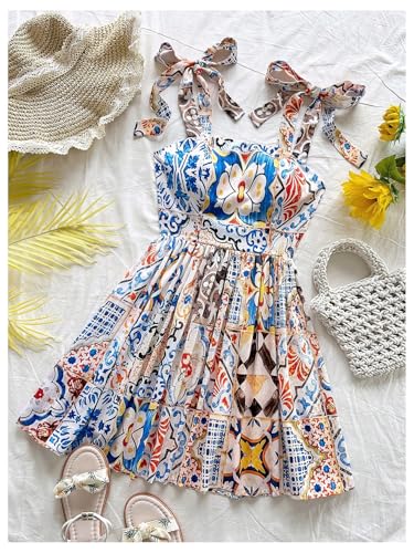 Image of Floerns Women's Summer Floral Print Tie Shoulder Cami Dress Flare Hem Boho Mini Dress