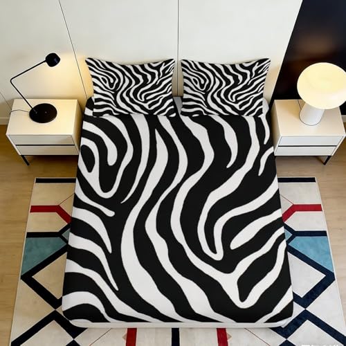Drap-Housse imprimé 3D zèbre Microfibre Poche Profonde Linge de lit antidérapant zèbre Mattress...