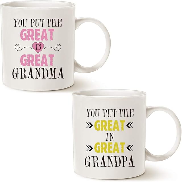 Christmas Gifts Grandparent Set of 2 Coffee Mugs, You Put The Great in Great Grandma/Grandpa Best Birthday Presents for Your Grandparent, Grandma, Grandpa, Ceramic Cup White, 11 Oz