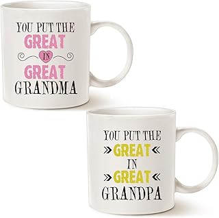Grandparent Coffee Mugs(2 pcs) Christmas Gifts, You Put the Great in Great Grandma/Grandpa Best Birthday Presents for Grandparent Grandma Grandpa Cups Set, White 11 Oz