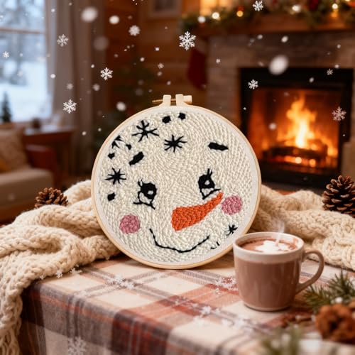 Image of Christmas Punch Needle Kits,Winter Snowman Punch Needle Kits for Beginners,DIY Punch Embroidery Art & Craft kit for Adults with Video Tutorial