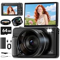 4K Digital Camera for Photography with Wide-Angle Lens, Autofocus 64MP Vlogging Camera for YouTube with 3" 180° Flip Screen, 16X Zoom Compact Travel Point and Shoot Camera with Flash for Beginners