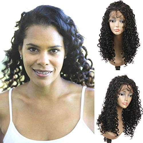 #1B Curly Hair Lace Front Wigs Glueless Synthetic Heat Resistant Simulation Hair Half Hand Tied Wigs for Women20"