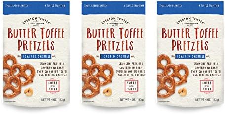 Everton Toffee Butter Toffee Roasted Cashew Pretzels 4 Ounce Bag (Pack of 3) (Roasted Cashew, 4 Ounce Bag)