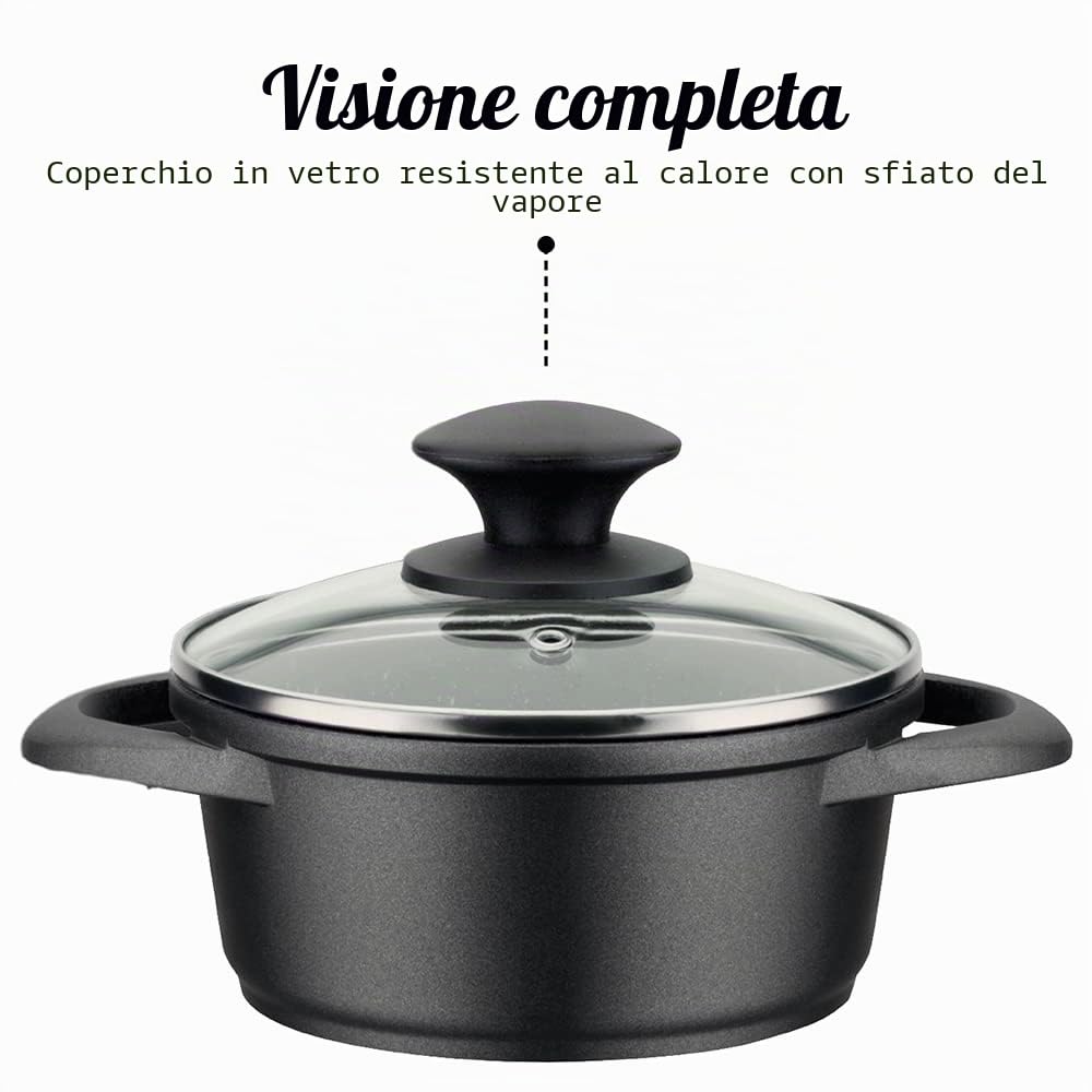 GSW Set di pentole e padelle Gourmet Granit – Set di pentole e padella di alta qualità con coperchio, anche per induzione e forno, in alluminio pressofuso, 7 pezzi, nero