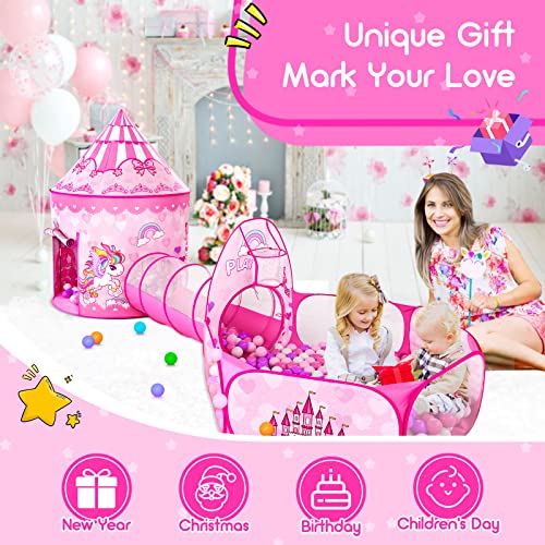 Image of 3pc Kids Play Tent for Girls with Ball Pit, Crawl Tunnel, Princess Tents for Toddlers, Baby Space World Playhouse Toys (3PC Princess Dream Tent)