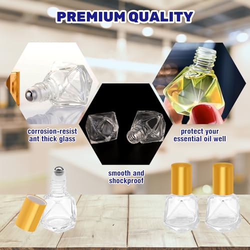 41Pcs 8ml/0.27oz Polygonal Clear Glass Roller Bottles Kit Contains Stainless Steel Empty Refillable Roll on Glass Bottles, Funnels, Blank Labels, Opener, Pipettes for Essential Oil3
