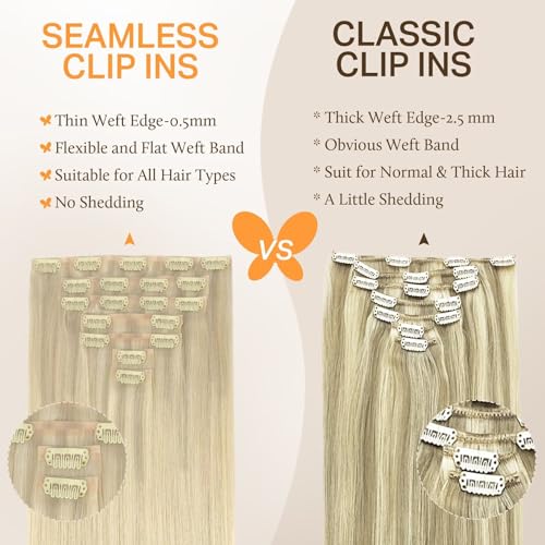 Image of DOORES Clip in Hair Extensions, Ash Blonde to Golden Blonde and Platinum Blonde 14 Inch 130g 7pcs, Seamless Clip in Hair Extensions Natural Straight Hair Thin Weft Invisi Edge Hair Extensions