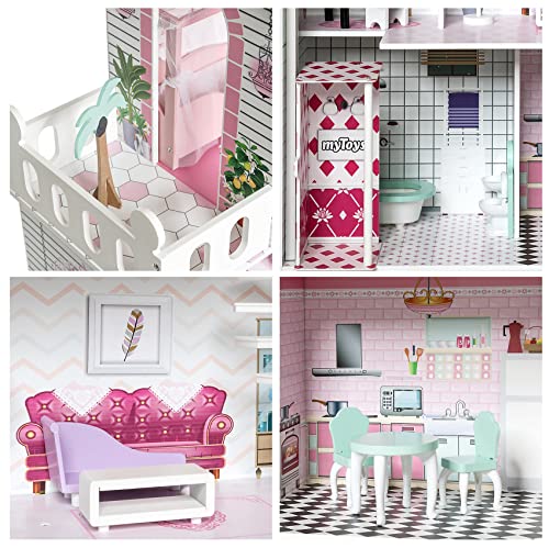 myToys ORIGINALS Puppenhaus mit 13 Möbeln, pink, 5 Zimmer und Treppe, manuell betriebener Aufzug und Balkon, mit 13… – Bild 5