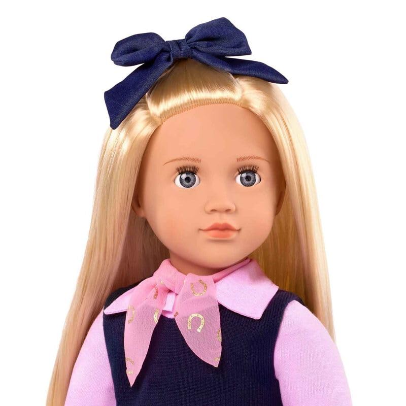 Our Generation Lalka jeździecka 45 cm – realistyczne szare oczy i jasne blond włosy do stylizacji – uroczy strój do jazdy konnej – z kokardą do włosów, szalikiem na szyję i akcesoriami do wysokich