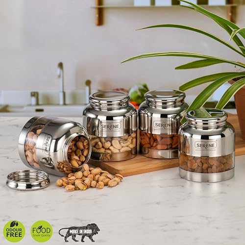 Image of Serene Stainless Steel Exotic See-Through Jar | Airtight Jars for Kitchen Storage | Premium Steel Jars with One Turn Lock Lid | Transparent Stainless Steel Containers | 650ML | 4 PC