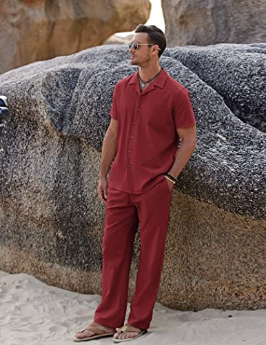 Image of COOFANDY Men 2 Piece Linen Outfit Beach Button Down Shirt Casual Loose Pant Sets