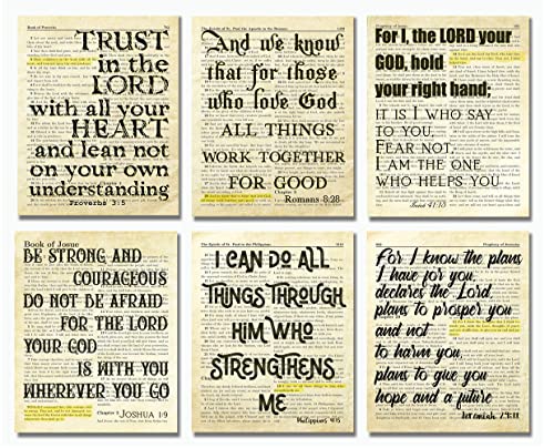 Bible Verses Wall Decor Art Prints - Set of 6 (8x10) Biblical Scripture Quotes - Christian Faith - Prayer Room Closet Decor - Housewarming, Missionary, Gifts for Men - Religious School Decorations