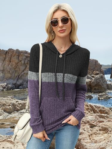 MixShe Women’s Color Block Knit Hoodie – Casual Long Sleeve Pullover Sweater Tops with Pocket