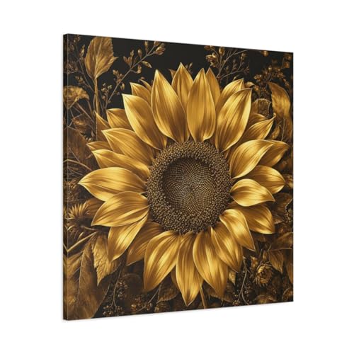 Tableau tournesol or et noir en toile tendue de 3 cm pour décoration murale chic et moderne