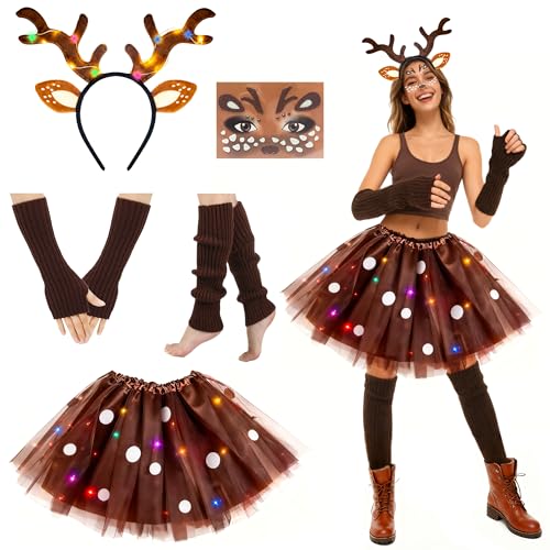 GEVECORI Kostüm Reh Dames, Kostüm de Carnaval avec LED Braun Tulllrock, Rentier Haireif Reh Gesichttatue, Beinwärmer Bracelets, Faschingskostüme für Fasching, Kostüm de Noël de Carnaval