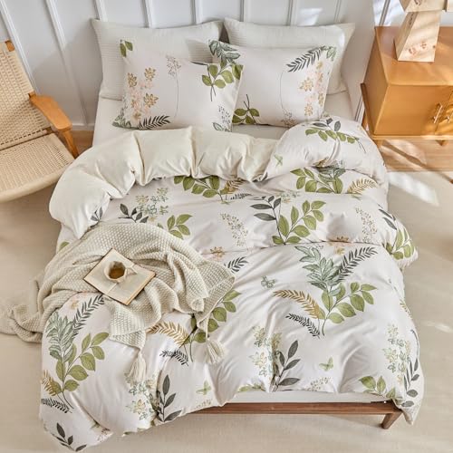 Image of Lekesky King Size Reversible Duvet Cover, Duvet Cover King Size 3 Piece Green Leaf Microfiber Botanical Bedding Set with Zipper Closure 8 Corner Ties