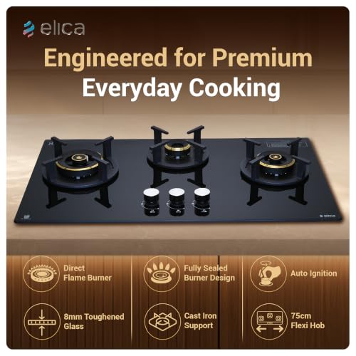 Image of Elica 75cm 3 Burner Auto Ignition Hob | RG FLEXI DFS AB 3B 75 DX | 8 mm Toughened Glass, Direct Vertical Flame Brass Burners, Fully Sealed Burner Design, 2 Year Comprehensive Warranty