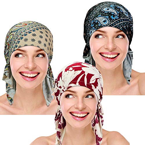 3 piezas de gorro de quimioterapia para mujer, gorro turbante pre-atado, bandana para la pérdida de cabello, Eet-5, Talla única Cover