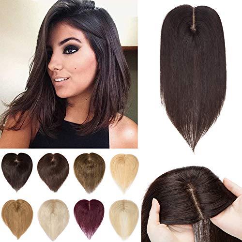 S-noilite Clip in Human Hair Toppers 130% Density Hand Made Silk Base Top Hair Pieces Hand Tied Wiglet For Women with Thinning Hair/Short Hair Add Hair Volume 14Inch 45g #2 Dark Brown