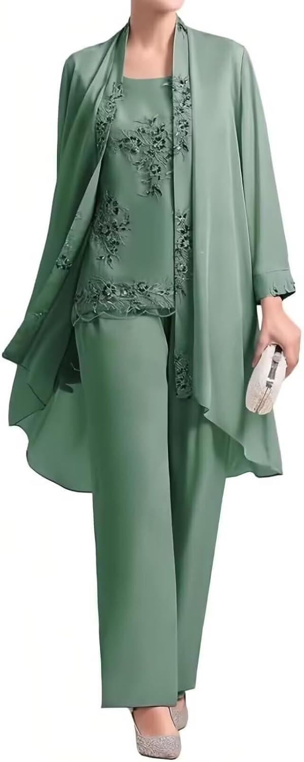 3 Pieces Mother of The Bride Pant Suits - Chiffon Plus Size Wedding Guest Dress Lace Applique Formal Outfit with Jackets