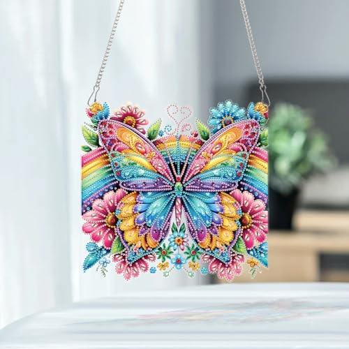 Image of AiYuanzsh Oversized Diamond Art Suncatcher Kit Rainbow Butterfly Flowers, Colorful Special Shaped Diamond Painting Hanging Ornament for Adults, DIY 5D Crystal Diamond Art Pendant Decoration