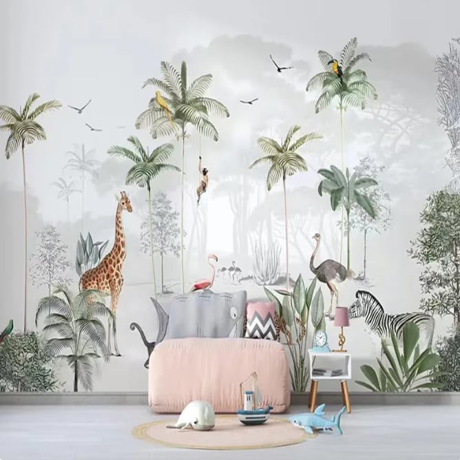 Papier peint jungle chambre bébé : décor palmier tropical 3D et animaux mignons 150x105 cm