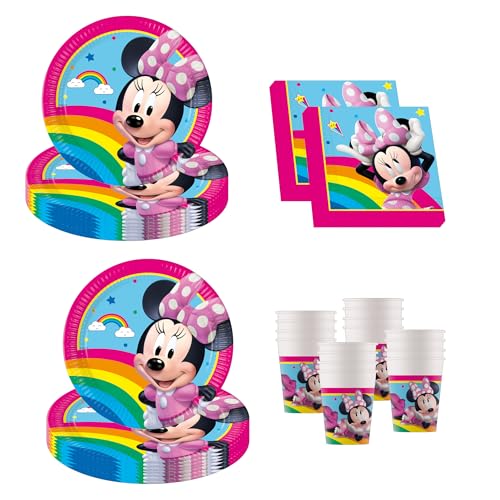 Procos - Minnie Mouse Rainbow Décoration d'anniversaire, 52 pièces, assiettes en carton, gobelets et serviettes pour anniversaire d'enfant, vaisselle de fête
