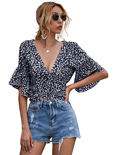 SheIn Women's Floral Ruffle Hem Blouse Short Puff Sleeve Deep V Neck Tie Front Crop Top Shirt Black Floral Medium
