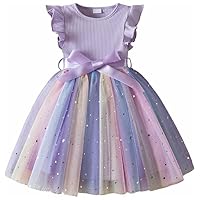 JiAmy Girls' Dresses Ribbed Knit Tulle Dresses Sequin Spring Flying Sleeves Rainbow Kids Dress for 3-4 Years, Purple