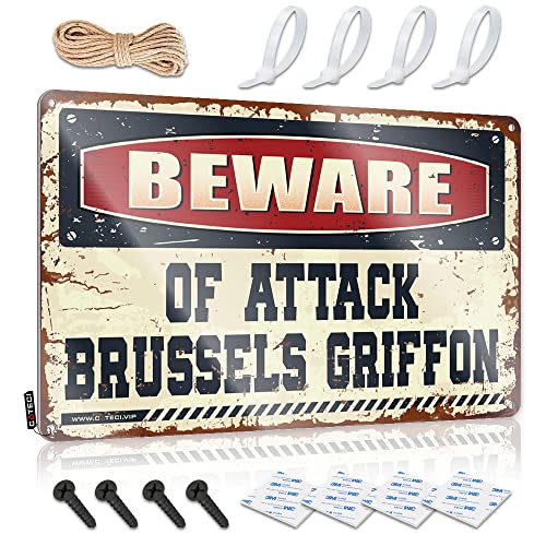 Letrero de estaño divertido para oficina con texto en inglés 'Beware Of Attack Bruselas Griffon' (30 x 40 cm)