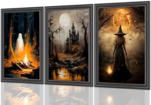 3pcs Halloween Canvas Wall Art Dark Academia Scary Witch Ghost Ca...