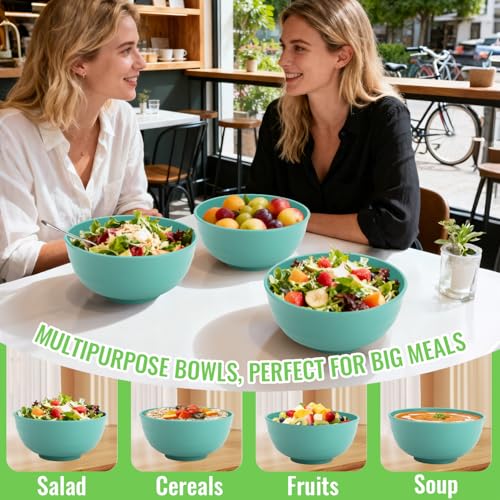 Image of 60 OZ Large Salad Bowls, Wheat Straw Camping Bowl Set of 6, Unbreakable Plastic Serving Bowls, Microwave & Dishwasher Safe Large Dinner Bowl for Kitchen & Outdoor, Green