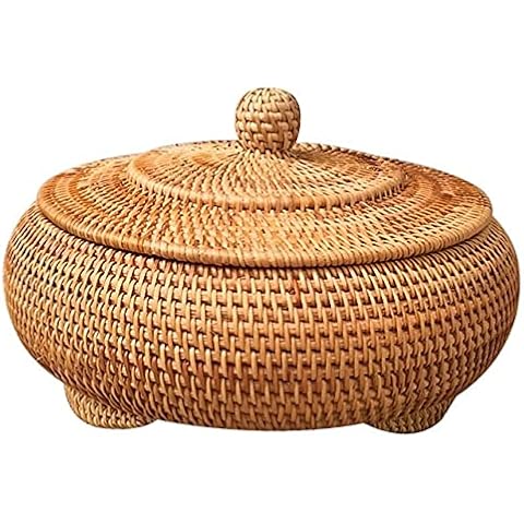KODENG Round Rattan Boxes with Lid Hand-Woven Multi-Purpose Wicker Tray 11 Inch Picnic Food Bread Table Storage Basket (28x13cm) Cover