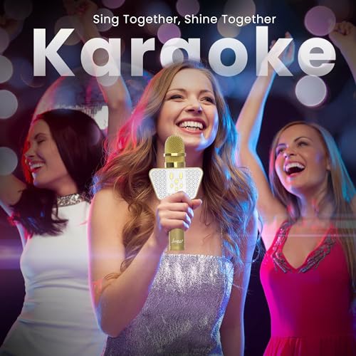 Image of LANDMARK BT55 Handheld Wireless Singing Mic Multi-Function Bluetooth Karaoke Microphone with Inbuilt Bluetooth Speaker, Recorder for Smart Phones, Laptop, Tablet - Golden