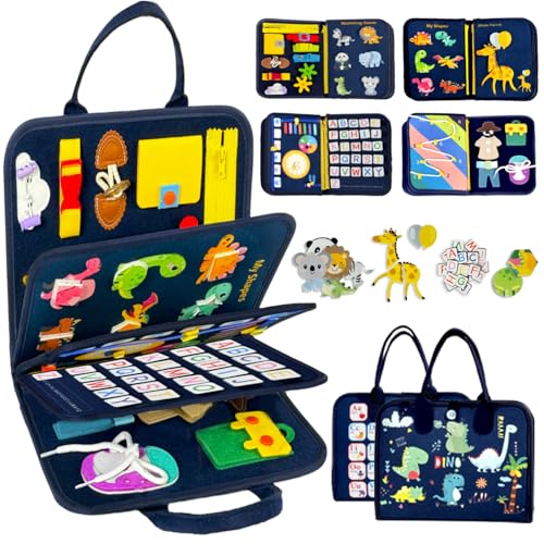 Image of Qizfun Toddler Busy Board Montessori Toys – Sensory Busy Book, Educational Learning Travel Toy for Airplane & Car, Keeps Toddlers Entertained, Birthday Gifts for Toddler Boys Girls (Blue/P8)