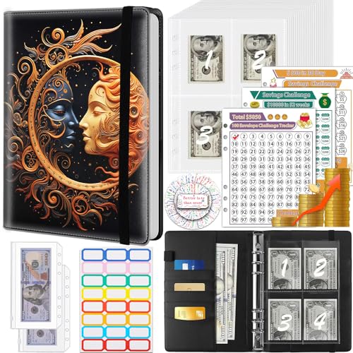 Classeur budget 100 enveloppes A5 en cuir synthétique avec motif lune dorée et soleil