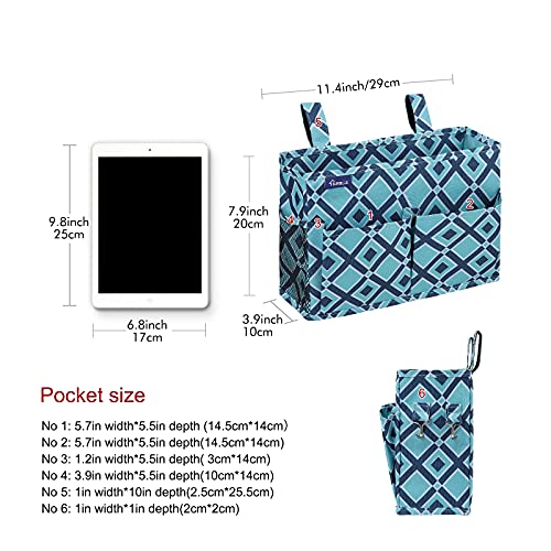 Image of Surblue Bedside Caddy Hanging Organizer Storage Bag for Bunk and Hospital Beds, College Dorm Rooms, Baby Rails, Camp Chairs, Wheelchair - 4 Pockets, 2 Hooks (Blue Plaid)