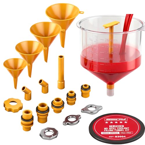 Ultimate No Spill Coolant Funnel Kit - 19-Piece Spill-Free Radiator Funnel Set, Spill Proof Radiator Bleeder Kit, Coolant Filling, Radiator Filler, Extra Funnels and Adapters for Universal Vehicle
