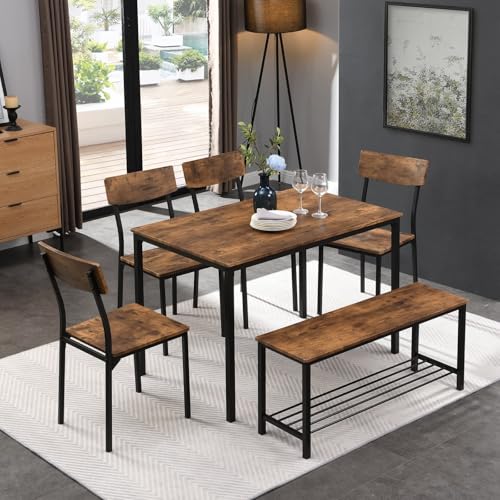 PUGSDRLY Table a Manger avec 4 Chaises et 1 Banc,Ensemble Table et Chaise Lounge,Style Industriel Meubles de Salle à Manger Set,Cadre en Acier,Brun Vintage
