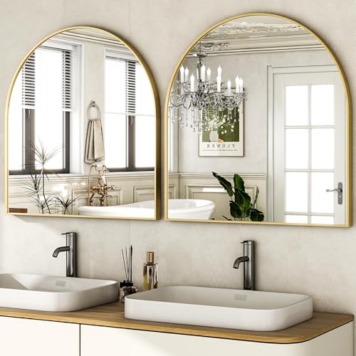 Image of HARRITPURE 26 inchx28 inch Arched Bathroom Mirror, Wall Mounted Mirror, Gold Arch Mirror, Aluminum Alloy Frame Wall Mirror for Living Room, Bedroom and Entryway