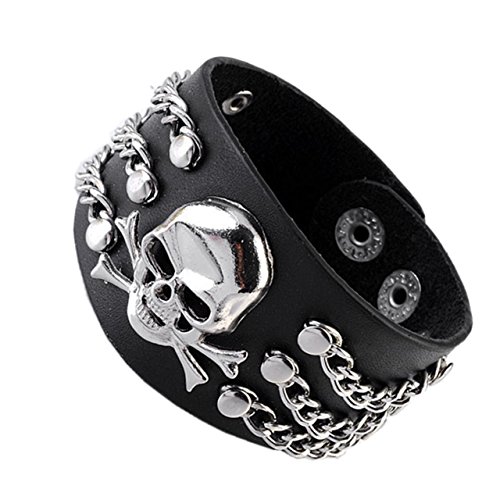 Zysta Bijoux Bracelet Menotte Manchette Genuine Leather Cuir Véritable Acier Inoxydable Fantaisie Crâne Punk Rock Motard Biker Alliage Cordon Corde Réglable Homme femme Cover