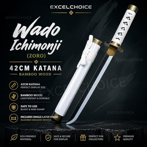 Image of EXCELCHOICE One Piece Zoro Wado Ichimonji Katana Sword 42cm Bamboo Wood Anime Katana Roronoa Zoro (Stand Included) Perfect for Anime Gift, Cosplay, Decoration, Display