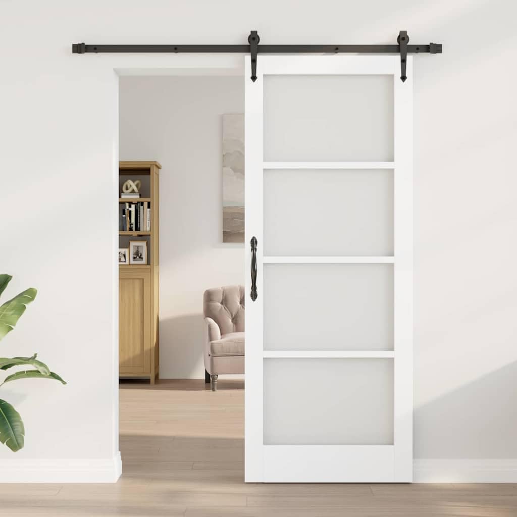 Puerta corredera blanca de madera maciza de pino y cristal, 83 x 211 cm, con marco y cerradura, deslizamiento silencioso, ahorro de espacio para vivienda, montaje incluido, ideal para
